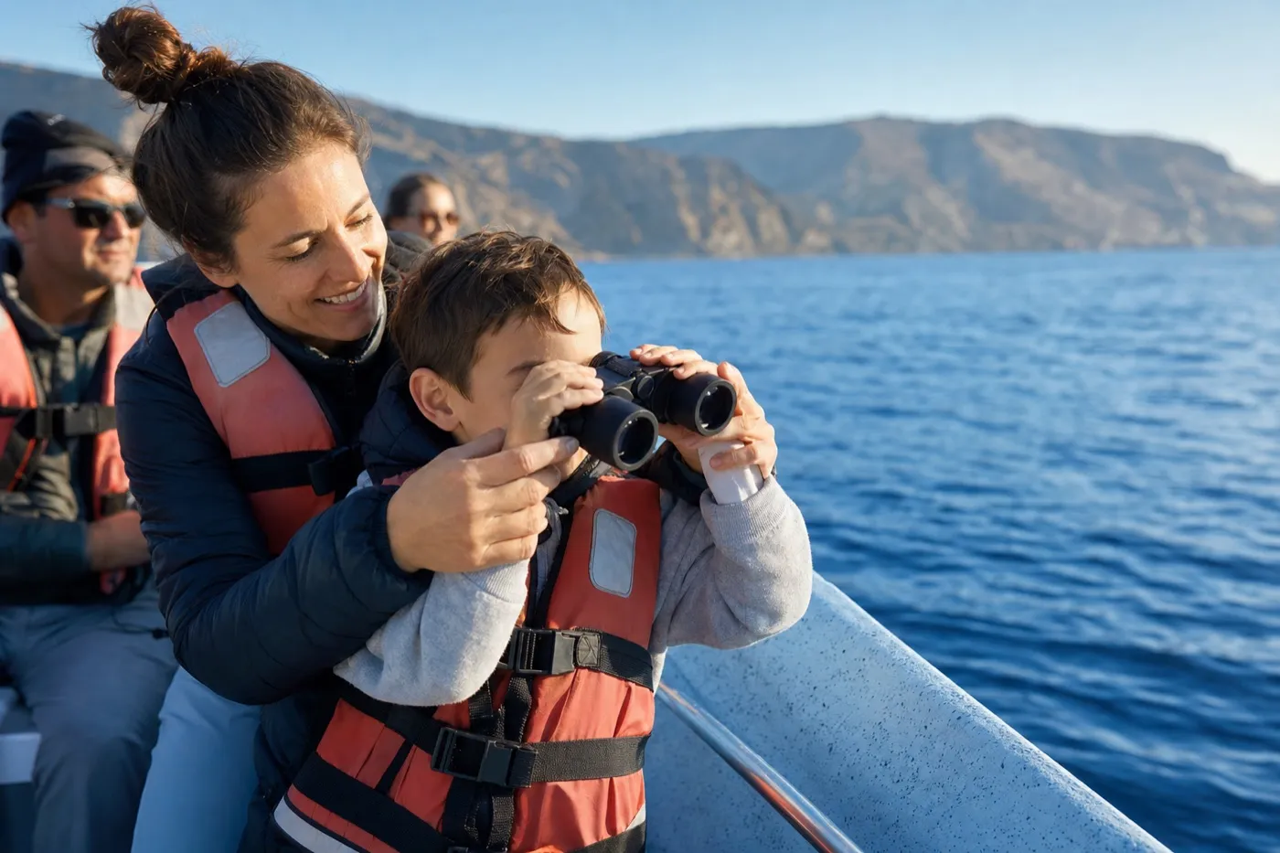 Madre ayudando a su hijo a mirar el mar con binoculares